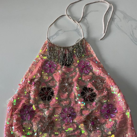 Topshop Pink Sequin Halter Tie Neck Crop Top - Picture 2 of 9